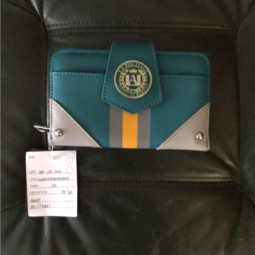 Bio world My Hero Teal and Gray Wallet with Yellow Stripe
